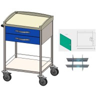 Chariot modulaire en acier inoxydable : avec deux tiroirs supérieurs et deux étagères, panneau d'arrêt et séparateurs dans les tiroirs